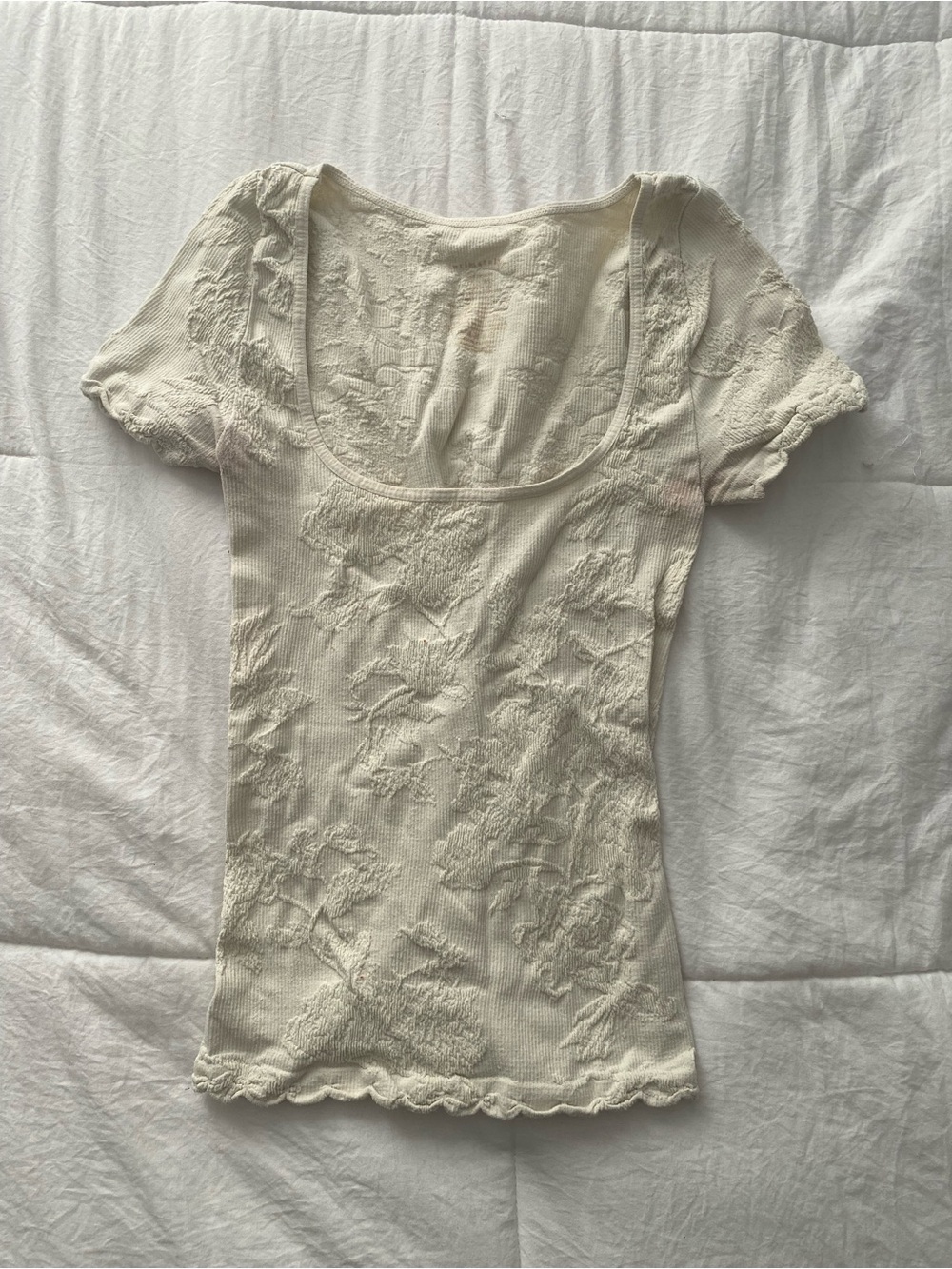 Free People Cream Textured Scoop Neck Short Sleeve Top